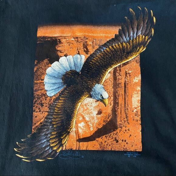 Vintage Bobby G Flying Eagle T-shirt 1990 No Size Tag Approx Men's XL Black - Picture 4 of 8